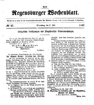 Regensburger Wochenblatt Dienstag 2. Juli 1867