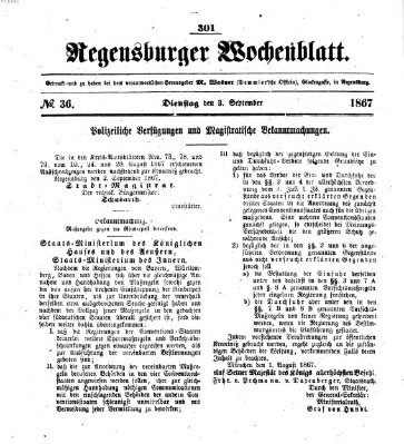 Regensburger Wochenblatt Dienstag 3. September 1867