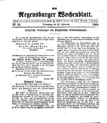 Regensburger Wochenblatt Dienstag 22. September 1868