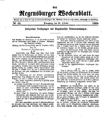 Regensburger Wochenblatt Dienstag 20. Oktober 1868