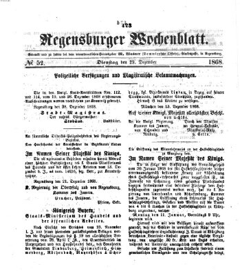 Regensburger Wochenblatt Dienstag 29. Dezember 1868