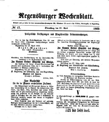 Regensburger Wochenblatt Dienstag 27. April 1869