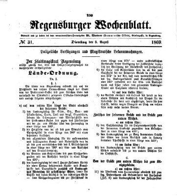 Regensburger Wochenblatt Dienstag 3. August 1869