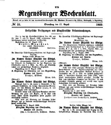 Regensburger Wochenblatt Dienstag 17. August 1869