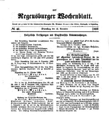 Regensburger Wochenblatt Dienstag 16. November 1869