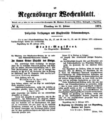 Regensburger Wochenblatt Dienstag 21. Februar 1871