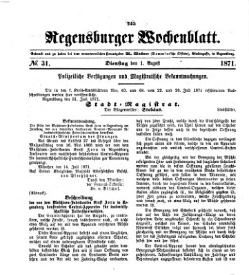 Regensburger Wochenblatt Dienstag 1. August 1871