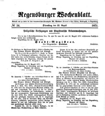 Regensburger Wochenblatt Dienstag 22. August 1871