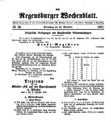 Regensburger Wochenblatt Dienstag 26. September 1871