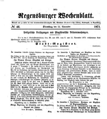 Regensburger Wochenblatt Dienstag 14. November 1871