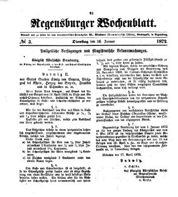 Regensburger Wochenblatt Dienstag 16. Januar 1872