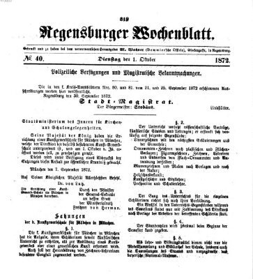 Regensburger Wochenblatt Dienstag 1. Oktober 1872