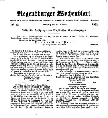 Regensburger Wochenblatt Dienstag 15. Oktober 1872