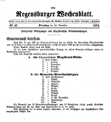 Regensburger Wochenblatt Dienstag 19. November 1872