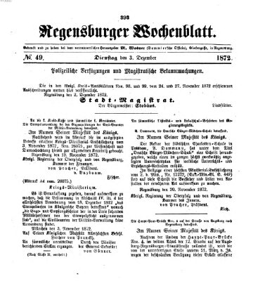 Regensburger Wochenblatt Dienstag 3. Dezember 1872