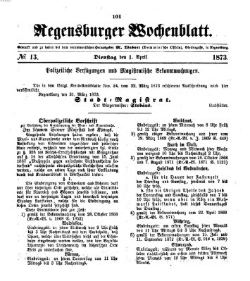 Regensburger Wochenblatt Dienstag 1. April 1873