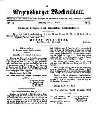 Regensburger Wochenblatt Dienstag 22. April 1873