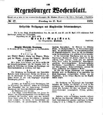 Regensburger Wochenblatt Dienstag 29. April 1873