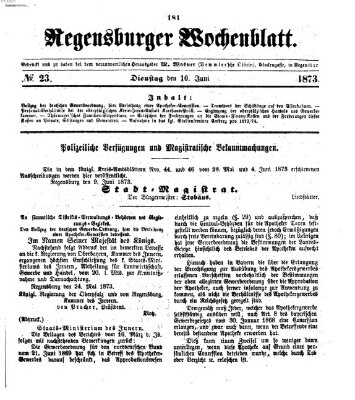 Regensburger Wochenblatt Dienstag 10. Juni 1873