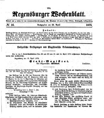 Regensburger Wochenblatt Dienstag 20. April 1875