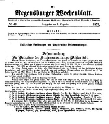 Regensburger Wochenblatt Dienstag 7. Dezember 1875