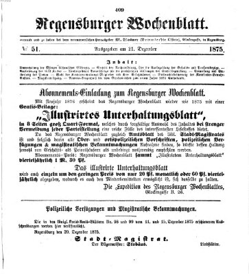 Regensburger Wochenblatt Dienstag 21. Dezember 1875