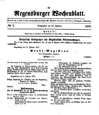 Regensburger Wochenblatt Dienstag 12. Februar 1878