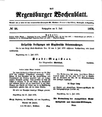 Regensburger Wochenblatt Dienstag 9. Juli 1878