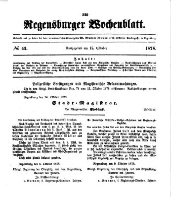 Regensburger Wochenblatt Dienstag 15. Oktober 1878