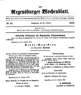 Regensburger Wochenblatt Dienstag 22. Oktober 1878