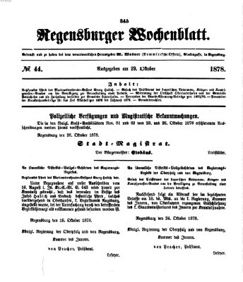 Regensburger Wochenblatt Dienstag 29. Oktober 1878