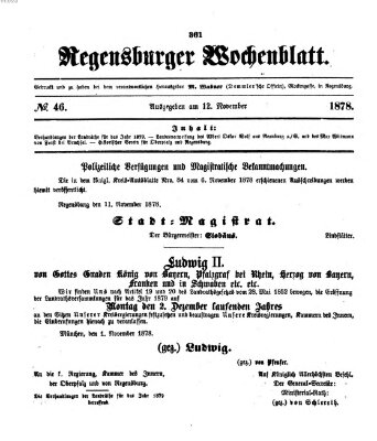 Regensburger Wochenblatt Dienstag 12. November 1878