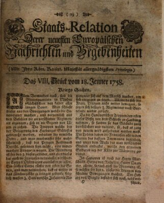 Staats-Relation der neuesten europäischen Nachrichten und Begebenheiten Mittwoch 18. Januar 1758