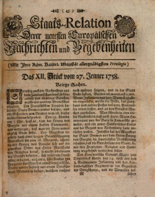 Staats-Relation der neuesten europäischen Nachrichten und Begebenheiten Freitag 27. Januar 1758