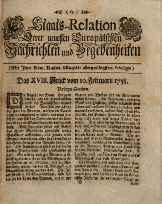 Staats-Relation der neuesten europäischen Nachrichten und Begebenheiten Freitag 10. Februar 1758