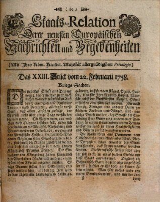 Staats-Relation der neuesten europäischen Nachrichten und Begebenheiten Mittwoch 22. Februar 1758