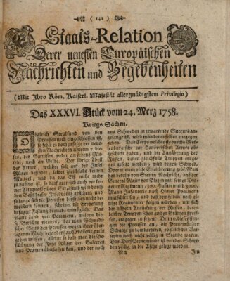 Staats-Relation der neuesten europäischen Nachrichten und Begebenheiten Freitag 24. März 1758