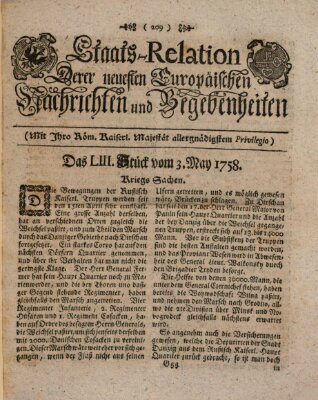 Staats-Relation der neuesten europäischen Nachrichten und Begebenheiten Mittwoch 3. Mai 1758