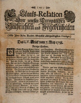 Staats-Relation der neuesten europäischen Nachrichten und Begebenheiten Sonntag 7. Mai 1758