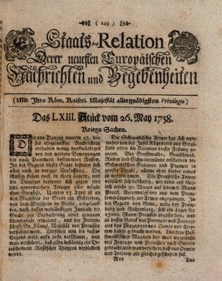 Staats-Relation der neuesten europäischen Nachrichten und Begebenheiten Freitag 26. Mai 1758