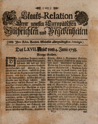 Staats-Relation der neuesten europäischen Nachrichten und Begebenheiten Sonntag 4. Juni 1758