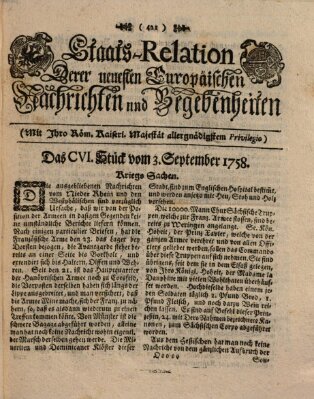 Staats-Relation der neuesten europäischen Nachrichten und Begebenheiten Sonntag 3. September 1758