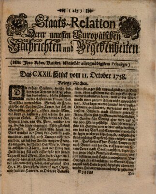 Staats-Relation der neuesten europäischen Nachrichten und Begebenheiten Mittwoch 11. Oktober 1758