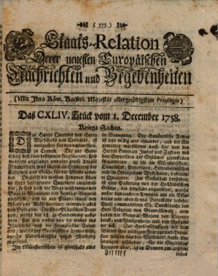 Staats-Relation der neuesten europäischen Nachrichten und Begebenheiten Freitag 1. Dezember 1758