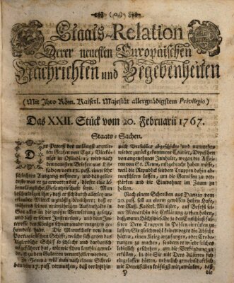 Staats-Relation der neuesten europäischen Nachrichten und Begebenheiten Freitag 20. Februar 1767