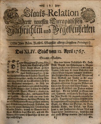 Staats-Relation der neuesten europäischen Nachrichten und Begebenheiten Sonntag 12. April 1767