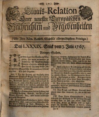 Staats-Relation der neuesten europäischen Nachrichten und Begebenheiten Freitag 3. Juli 1767