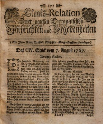 Staats-Relation der neuesten europäischen Nachrichten und Begebenheiten Freitag 7. August 1767