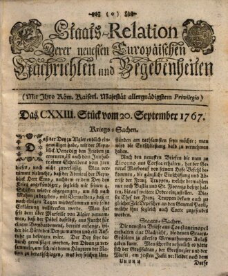 Staats-Relation der neuesten europäischen Nachrichten und Begebenheiten Sonntag 20. September 1767