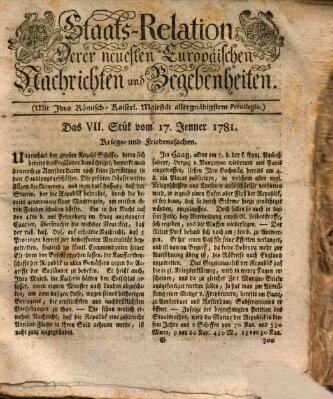 Staats-Relation der neuesten europäischen Nachrichten und Begebenheiten Mittwoch 17. Januar 1781